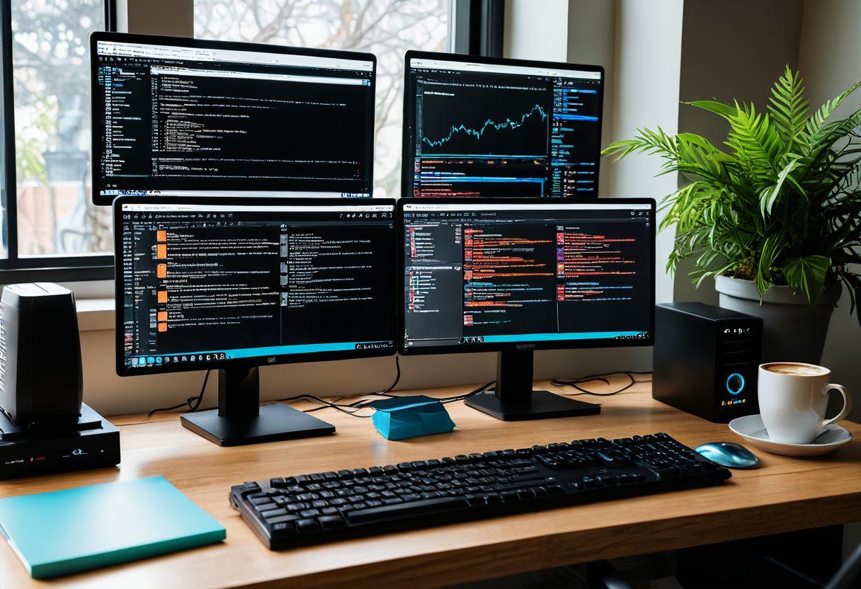 A modern, sleek web developer's workstation with dual monitors displaying code and design software, a mechanical keyboard with backlighting, sticky notes with coding tips, and a coffee cup. Mastering Web Development book on the desk, organized yet creative workspace ambiance with natural lighting. super-realistic. vibrant colors.